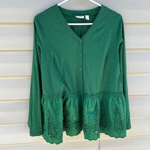 Logo by Lori Goldstein size S oversized lace embroidered green blouse Christmas